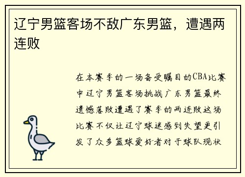 辽宁男篮客场不敌广东男篮，遭遇两连败