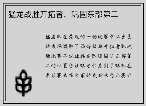 猛龙战胜开拓者，巩固东部第二