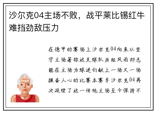 沙尔克04主场不败，战平莱比锡红牛难挡劲敌压力