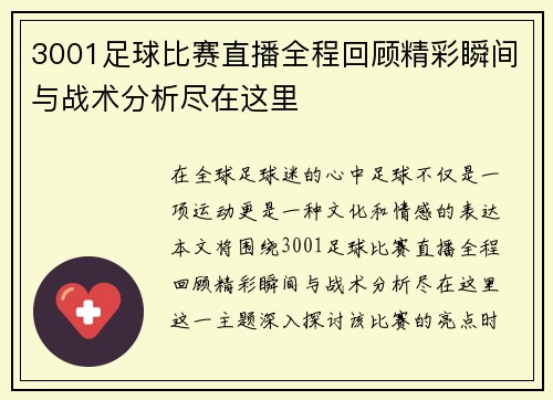 3001足球比赛直播全程回顾精彩瞬间与战术分析尽在这里