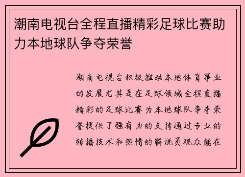 潮南电视台全程直播精彩足球比赛助力本地球队争夺荣誉